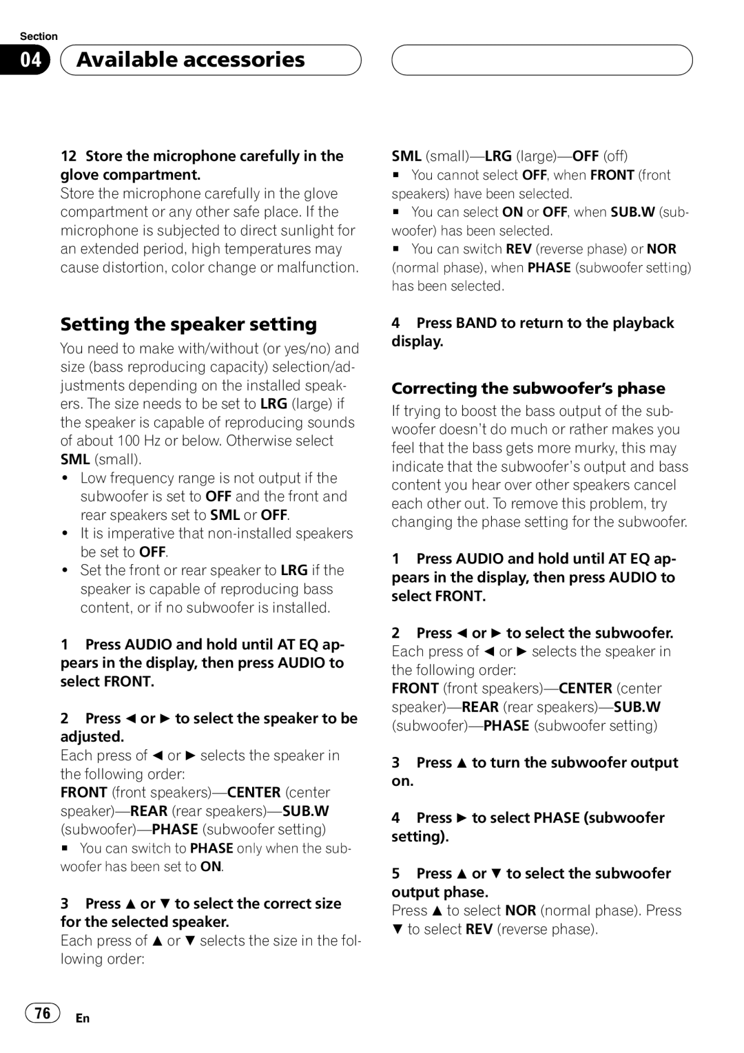 Pioneer DVH-P5900MP operation manual Setting the speaker setting, Correcting the subwoofer’s phase 