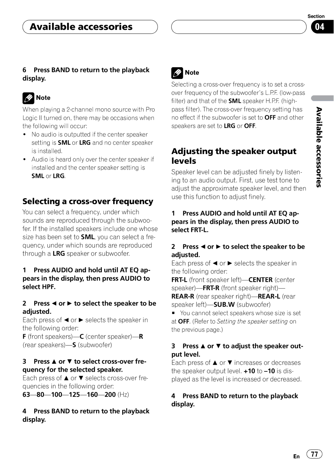 Pioneer DVH-P5900MP operation manual Selecting a cross-over frequency, Adjusting the speaker output, Levels 