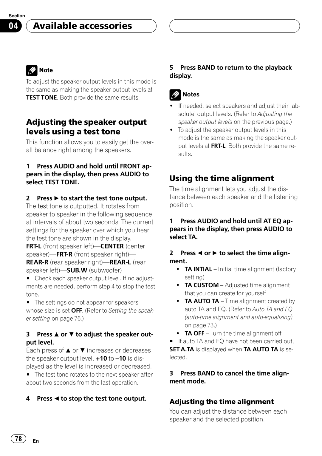 Pioneer DVH-P5900MP operation manual Adjusting the speaker output levels using a test tone, Using the time alignment 