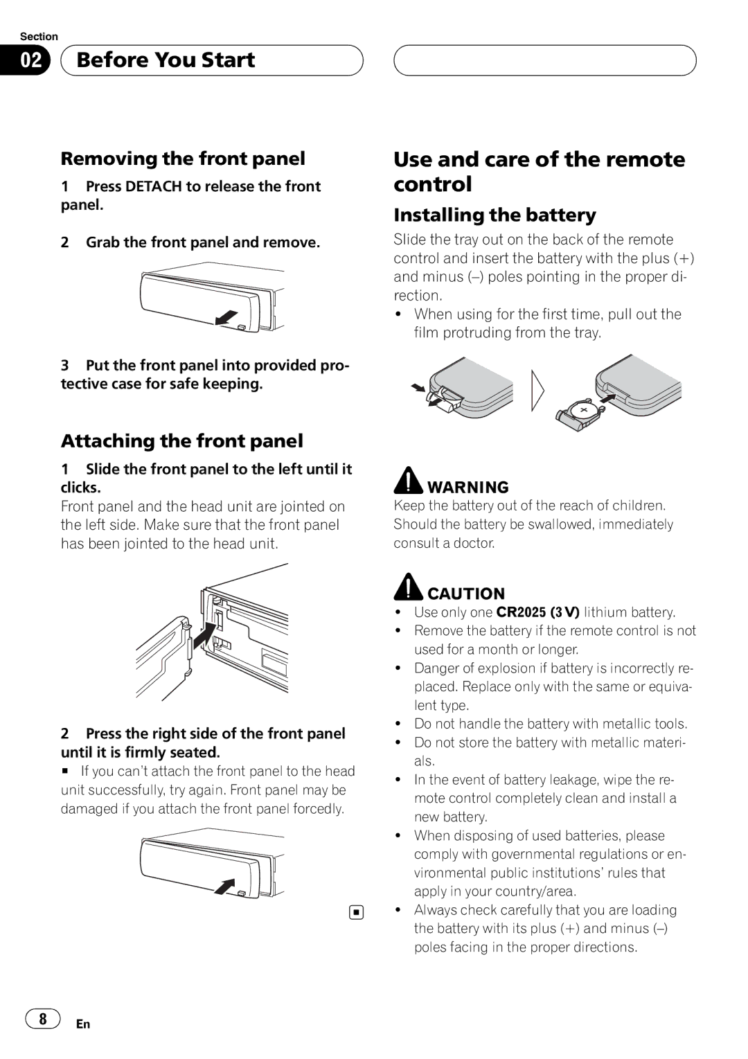 Pioneer DVH-P5900MP operation manual Use and care of the remote control, Removing the front panel, Installing the battery 