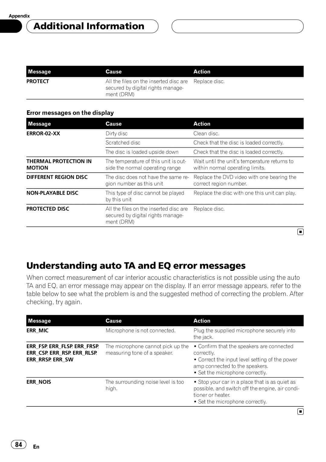 Pioneer DVH-P5900MP operation manual Understanding auto TA and EQ error messages, Error messages on the display 