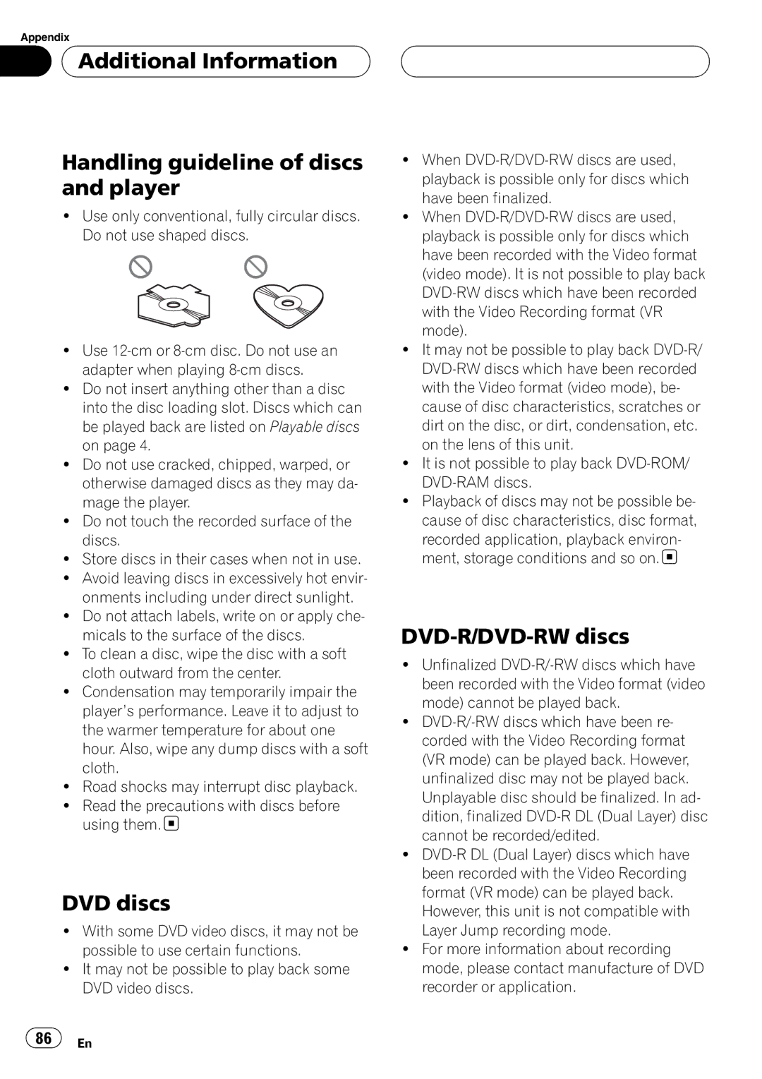 Pioneer DVH-P5900MP operation manual DVD discs, DVD-R/DVD-RW discs 