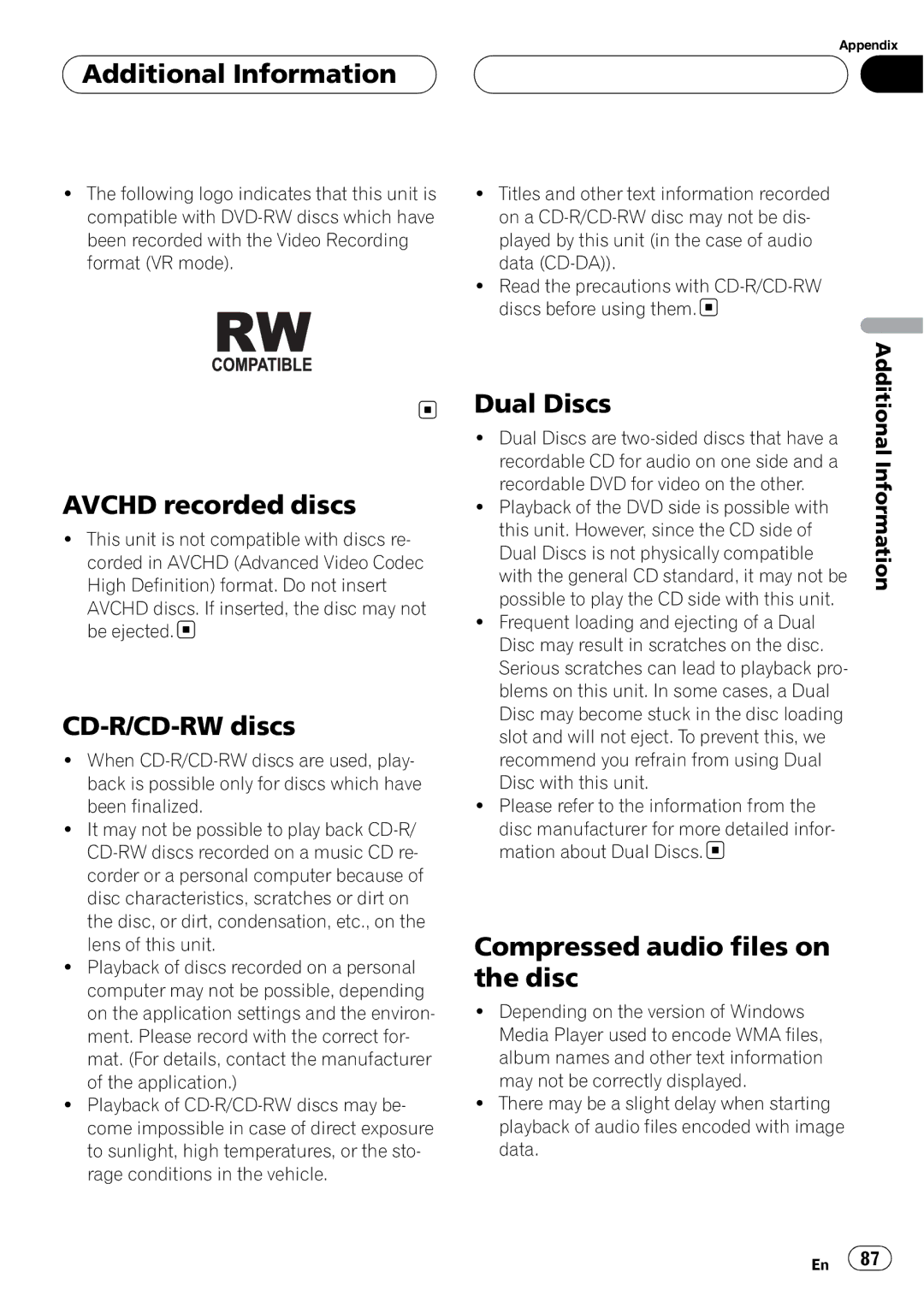 Pioneer DVH-P5900MP operation manual Avchd recorded discs, CD-R/CD-RW discs, Dual Discs, Compressed audio files on the disc 