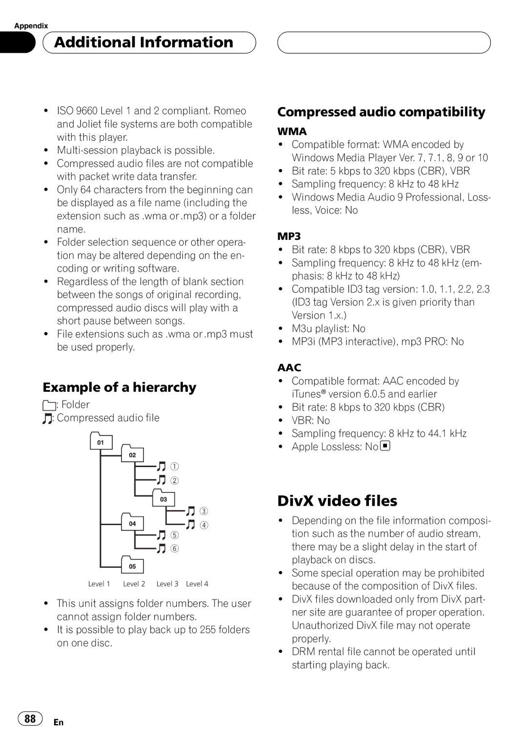 Pioneer DVH-P5900MP operation manual DivX video files, Example of a hierarchy, Compressed audio compatibility 