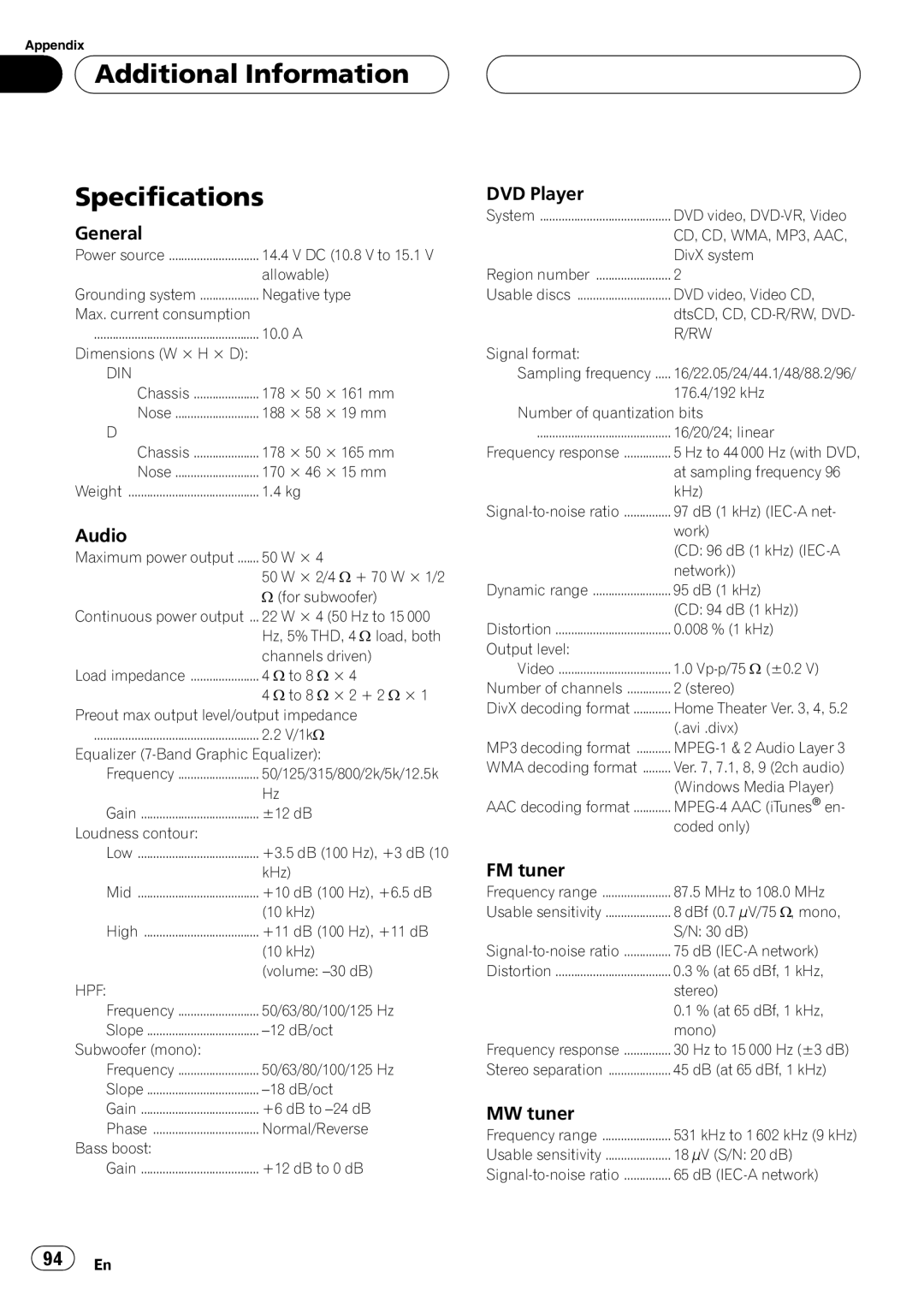 Pioneer DVH-P5900MP operation manual Additional Information Specifications 