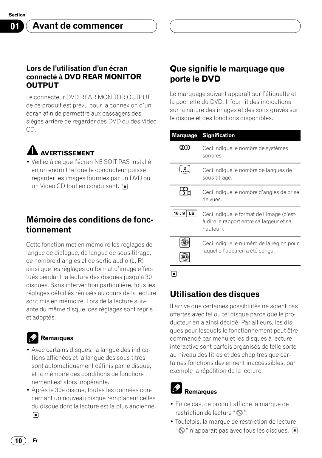 Pioneer DVH-P7000 Mémoire des conditions de fonc- tionnement, Que signifie le marquage que porte le DVD, Remarques 