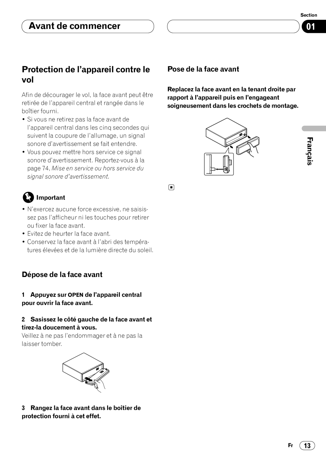 Pioneer DVH-P7000 Protection de l’appareil contre le vol, Pose de la face avant, Français Deutsch Dépose de la face avant 