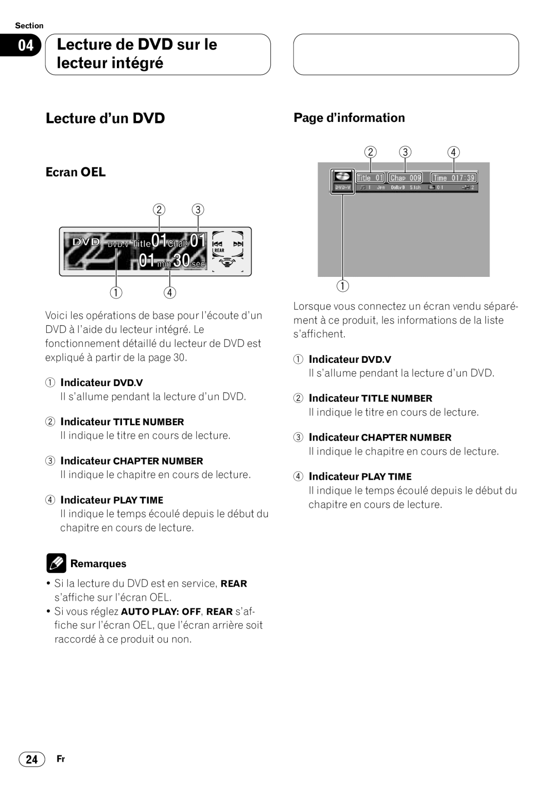 Pioneer DVH-P7000 owner manual Lecture de DVD sur le lecteur intégré, Lecture d’un DVD, Ecran OEL, D’information 