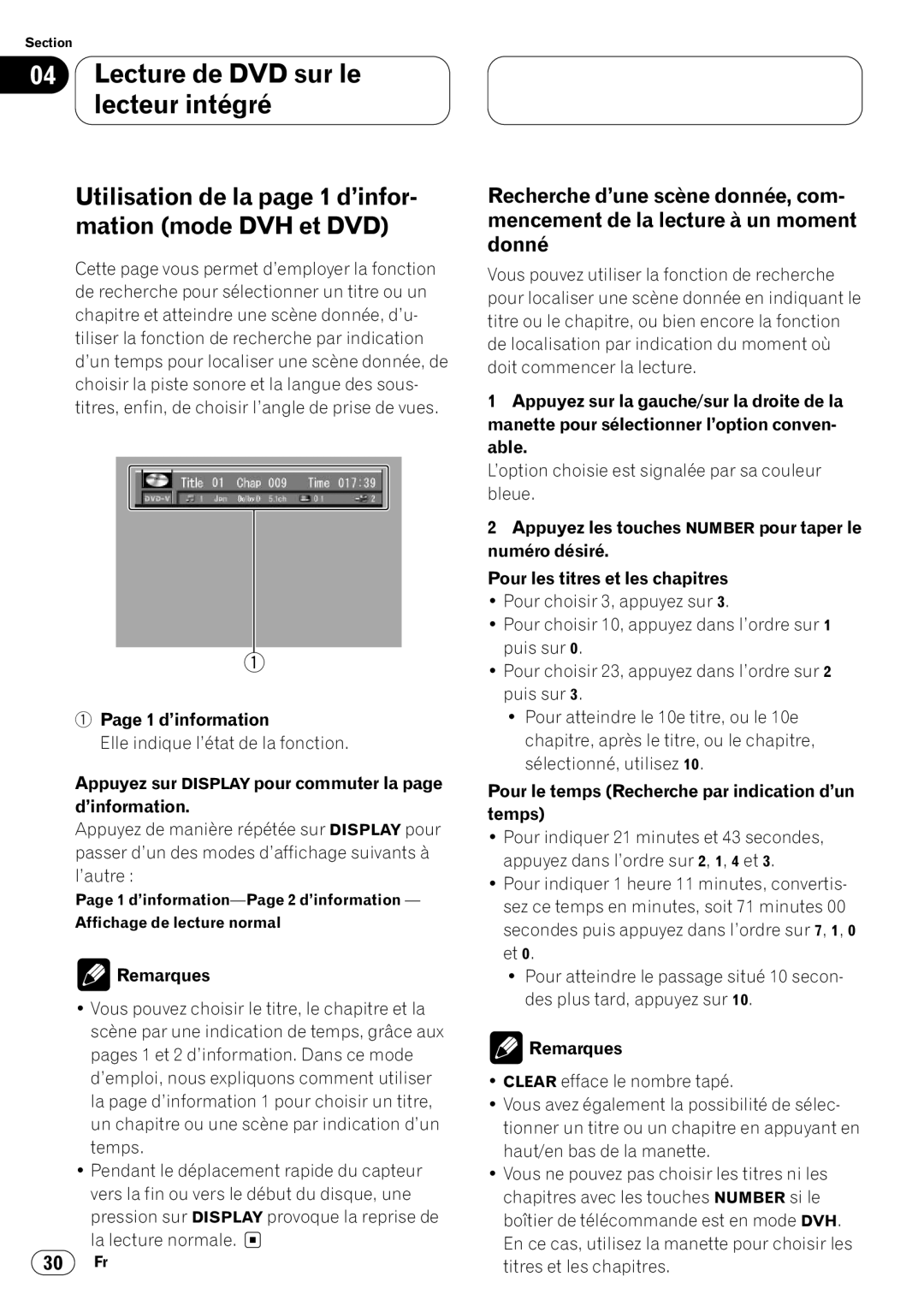 Pioneer DVH-P7000 owner manual Utilisation de la page 1 d’infor- mation mode DVH et DVD, 1 d’information 