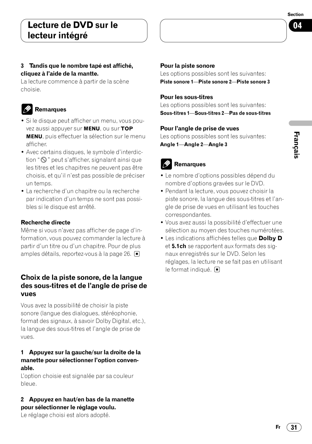 Pioneer DVH-P7000 owner manual Recherche directe, Pour l’angle de prise de vues, Pendant la lecture, vous pouvez choisir la 