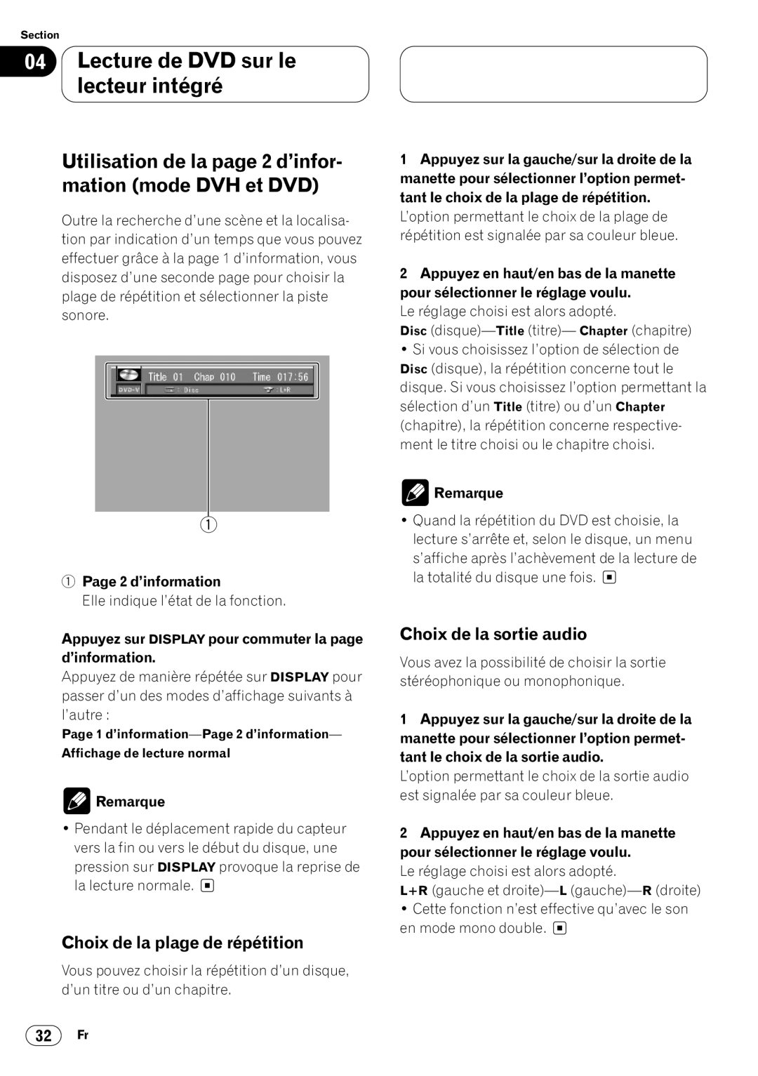 Pioneer DVH-P7000 owner manual Utilisation de la page 2 d’infor- mation mode DVH et DVD, Choix de la plage de répétition 