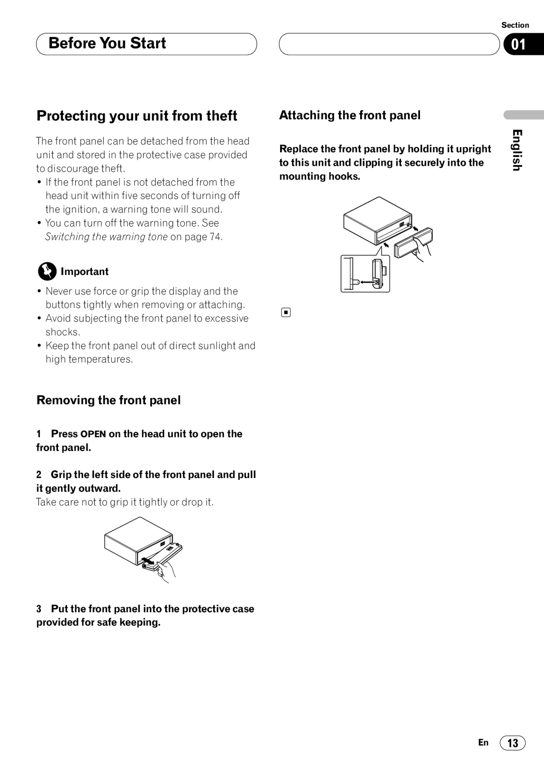 Pioneer DVH-P7000 owner manual Protecting your unit from theft, Removing the front panel, Attaching the front panel 