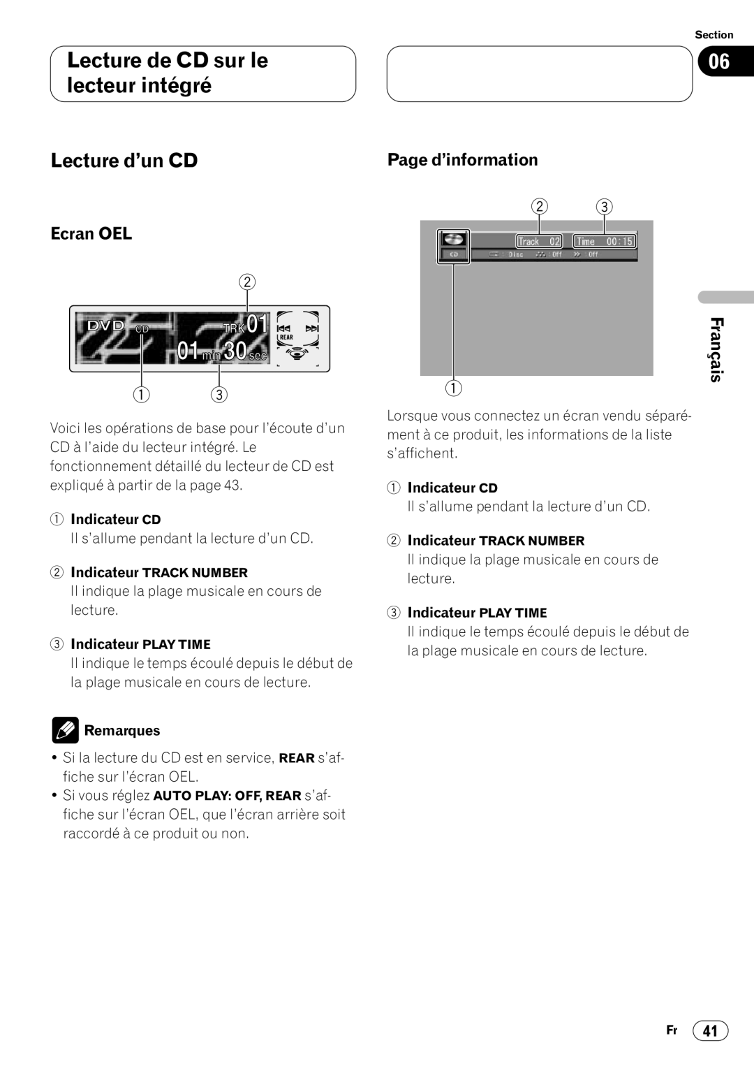 Pioneer DVH-P7000 owner manual Lecture de CD sur le lecteur intégré, Lecture d’un CD, Indicateur CD 