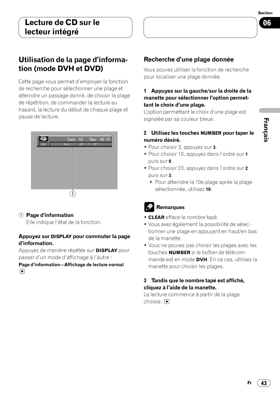 Pioneer DVH-P7000 owner manual Utilisation de la page d’informa- tion mode DVH et DVD, Recherche d’une plage donnée 