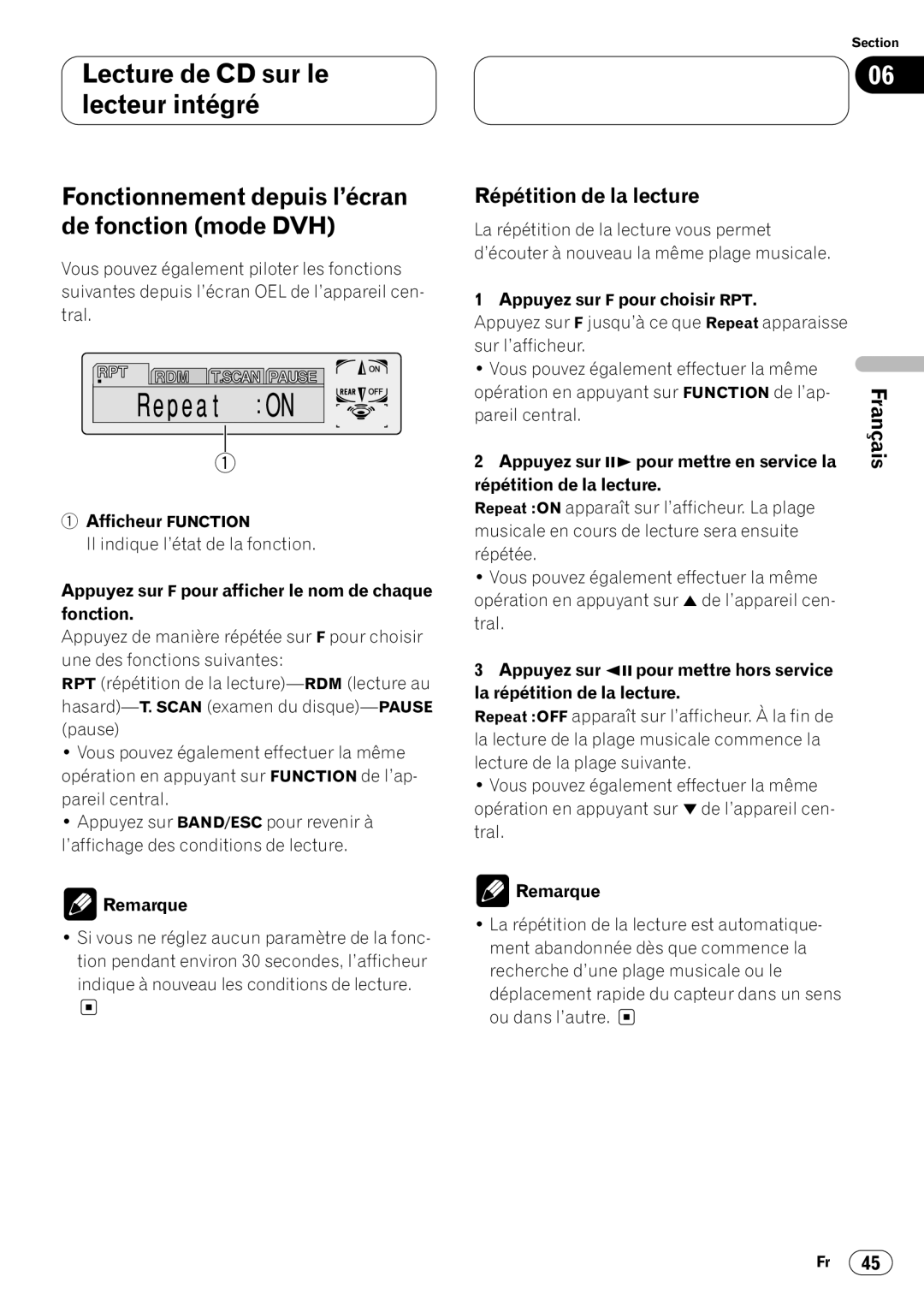 Pioneer DVH-P7000 owner manual La répétition de la lecture vous permet 