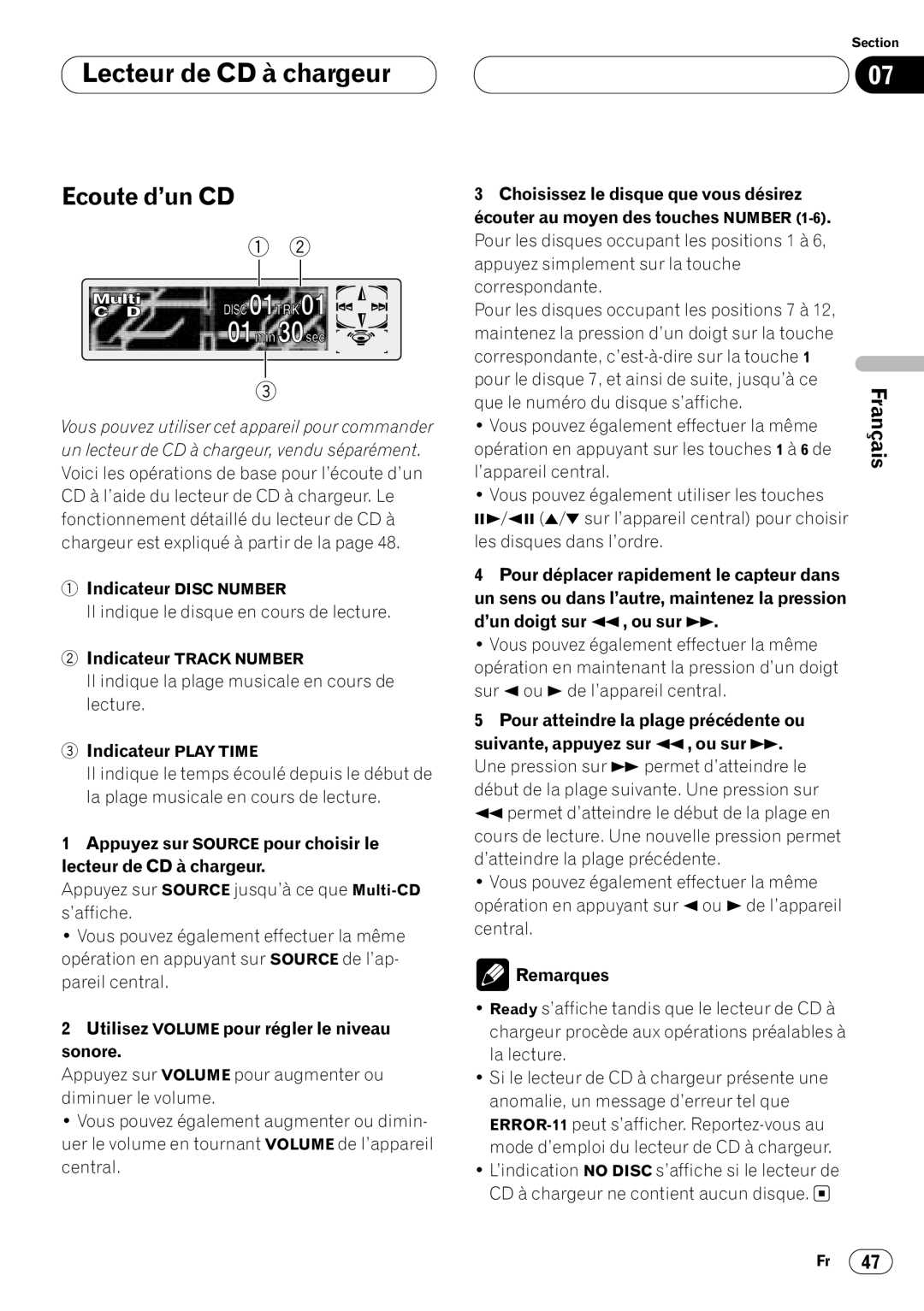 Pioneer DVH-P7000 owner manual Lecteur de CD à chargeur, Ecoute d’un CD 