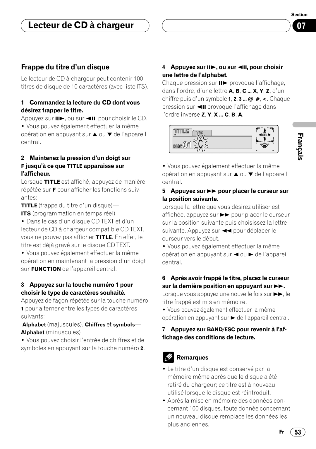 Pioneer DVH-P7000 owner manual Frappe du titre d’un disque, Appuyez sur ¡pour placer le curseur sur la position suivante 