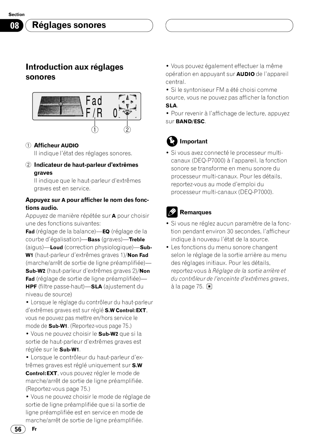 Pioneer DVH-P7000 owner manual 08 Réglages sonores, Introduction aux réglages sonores, Afficheur Audio 