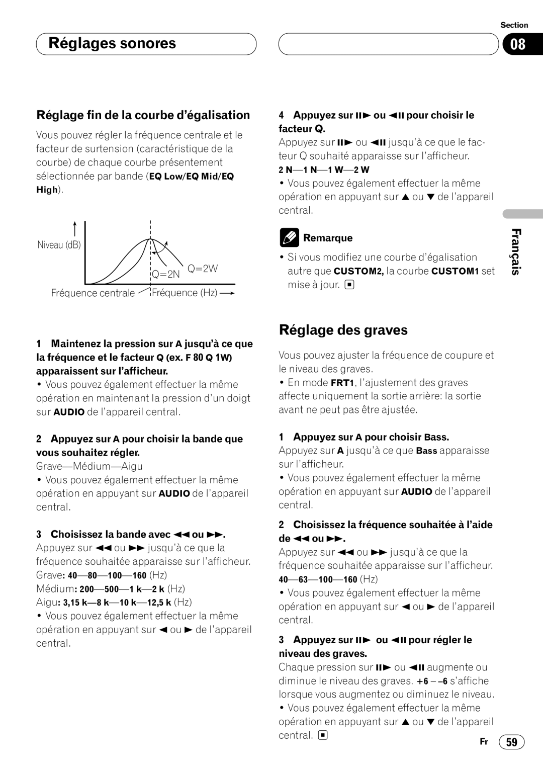 Pioneer DVH-P7000 owner manual Réglage des graves, Réglage fin de la courbe d’égalisation 