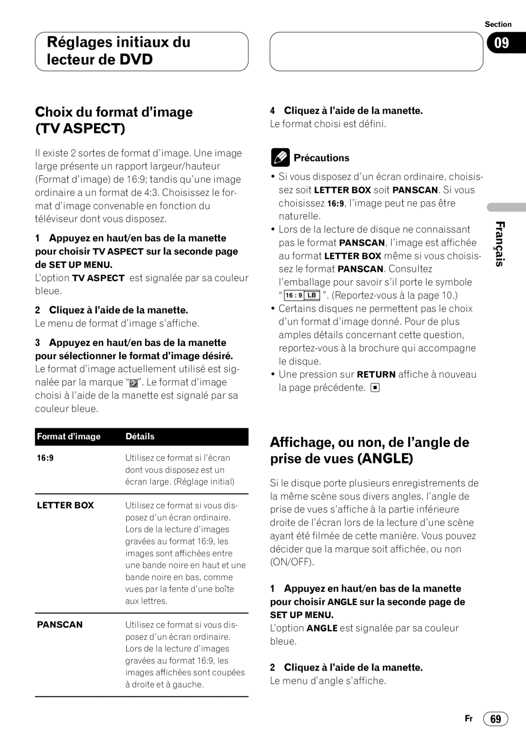 Pioneer DVH-P7000 Choix du format d’image TV Aspect, Affichage, ou non, de l’angle de, Prise de vues Angle, Précautions 