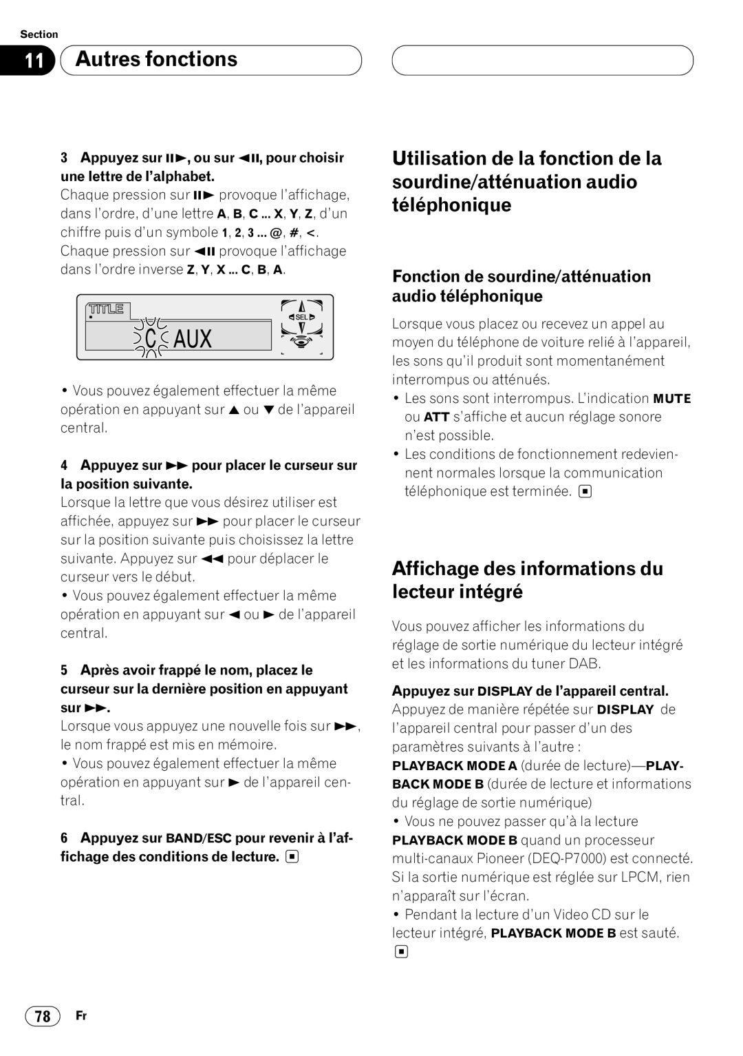 Pioneer DVH-P7000 Affichage des informations du lecteur intégré, Fonction de sourdine/atténuation audio téléphonique 