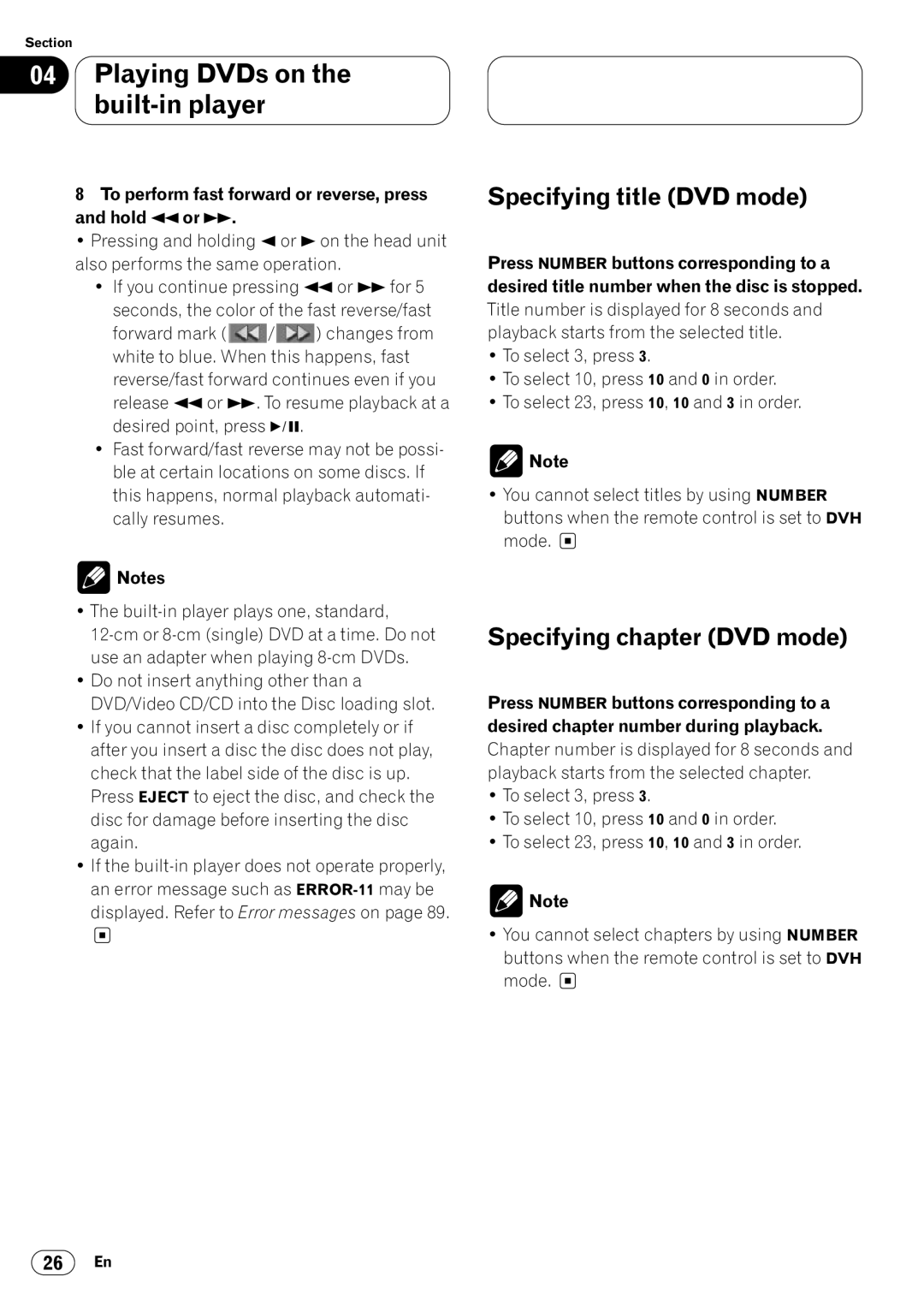 Pioneer DVH-P7000 owner manual Specifying title DVD mode, Specifying chapter DVD mode 