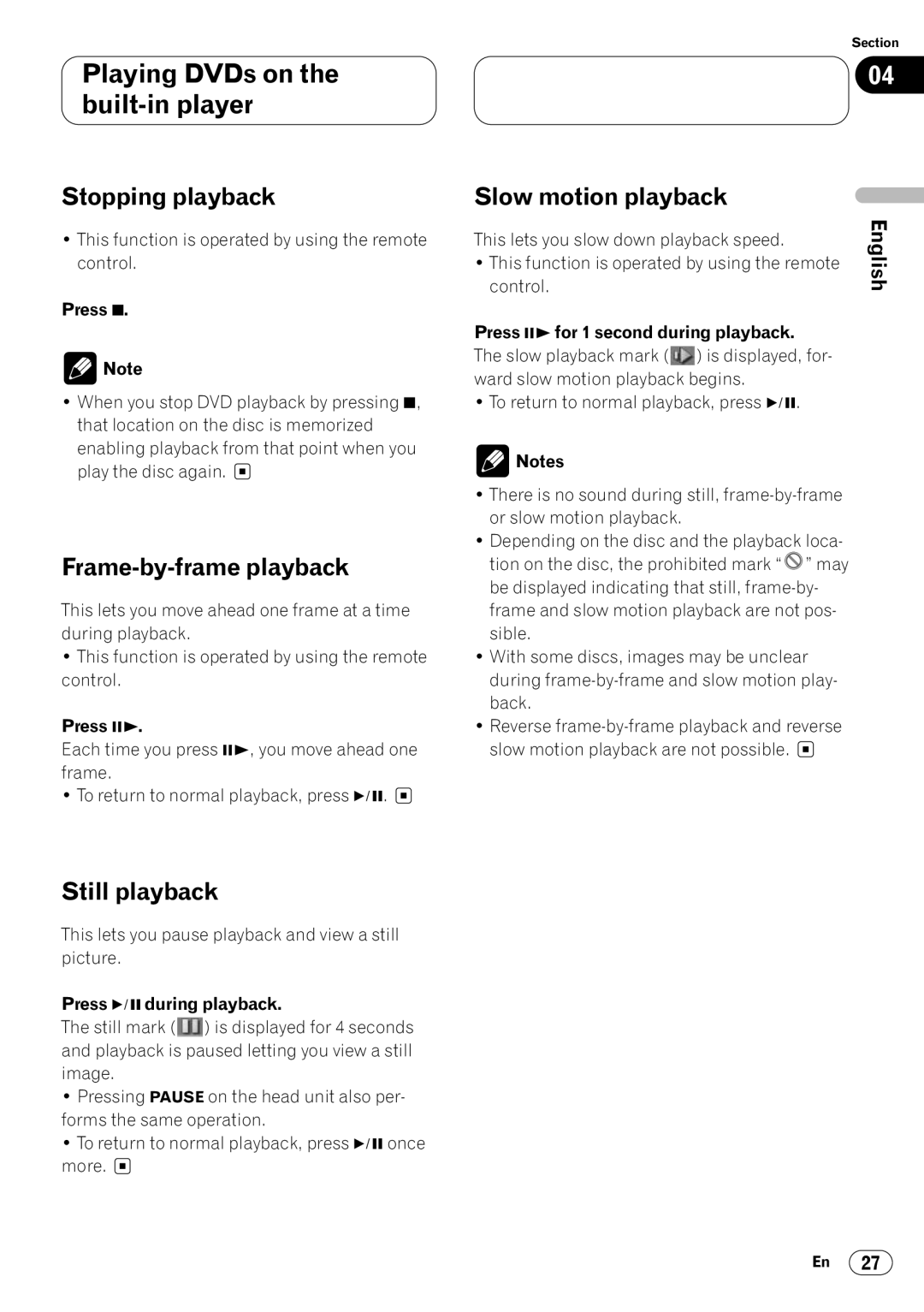 Pioneer DVH-P7000 owner manual Stopping playback, Frame-by-frame playback, Still playback, Slow motion playback 