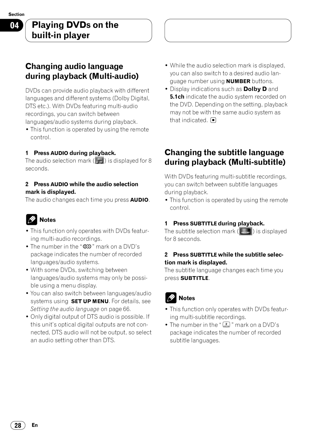 Pioneer DVH-P7000 owner manual Changing audio language during playback Multi-audio, Press Audio during playback 