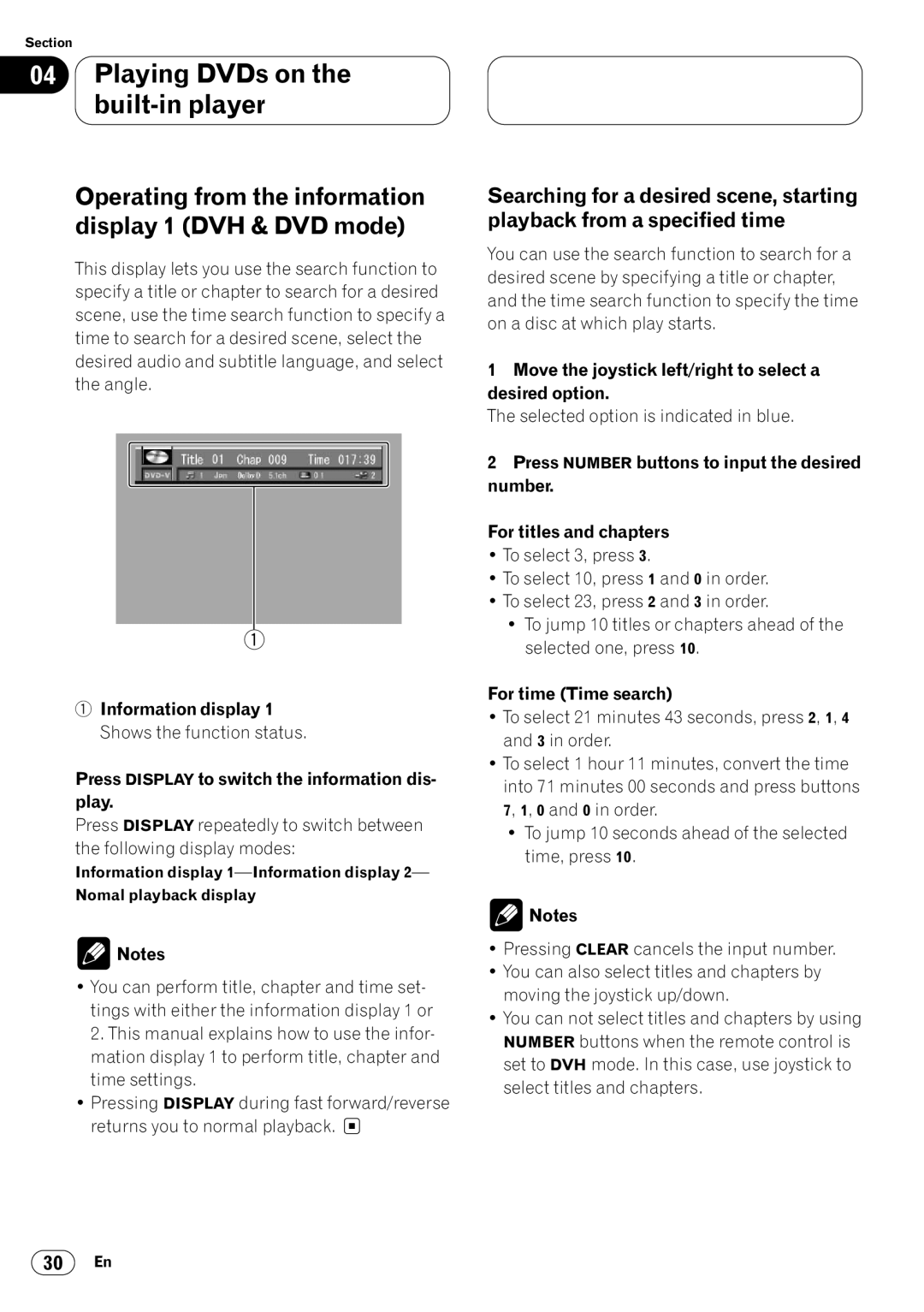 Pioneer DVH-P7000 Operating from the information display 1 DVH & DVD mode, Information display, For time Time search 