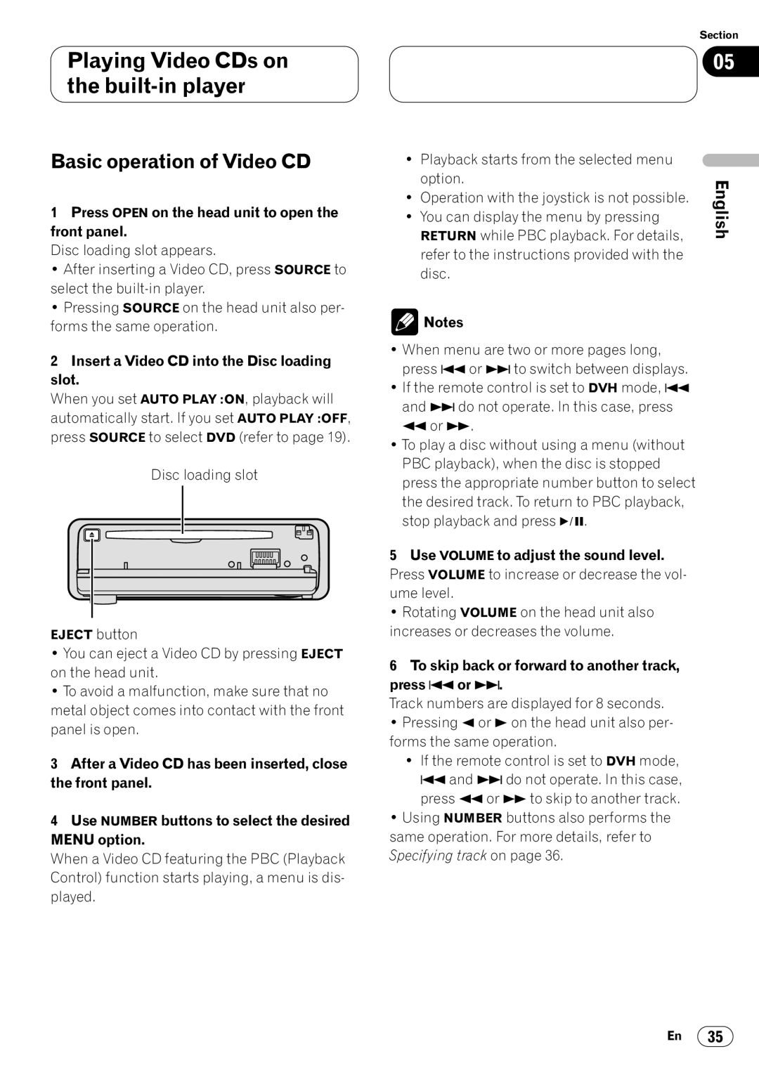 Pioneer DVH-P7000 owner manual Basic operation of Video CD, Insert a Video CD into the Disc loading slot 