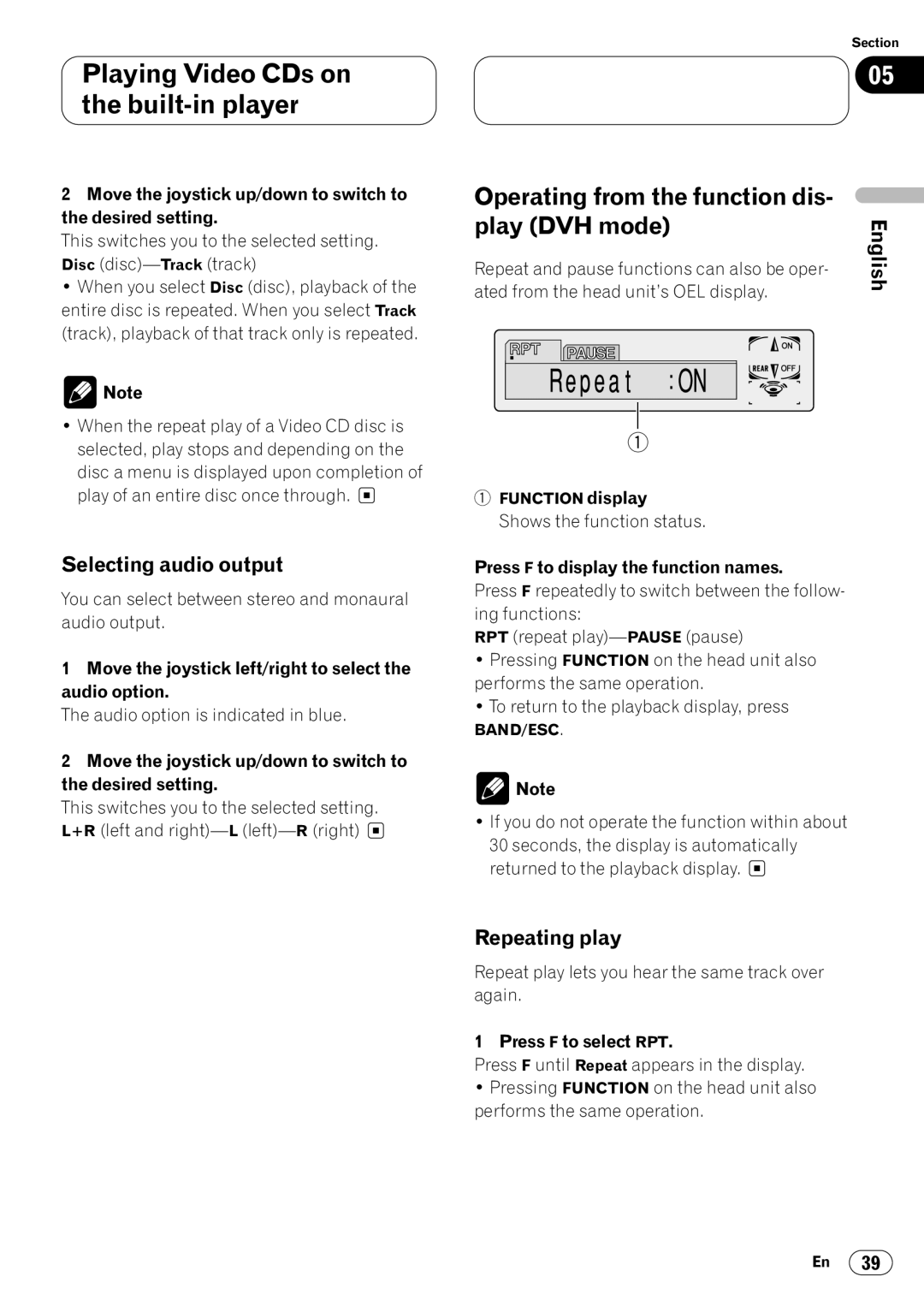 Pioneer DVH-P7000 owner manual Operating from the function dis Play DVH mode, Press F to select RPT, Deutsch 