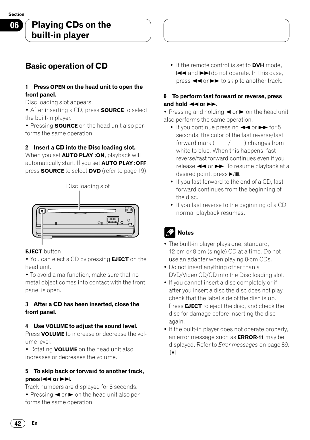 Pioneer DVH-P7000 owner manual Basic operation of CD, To skip back or forward to another track, press 4or ¢ 