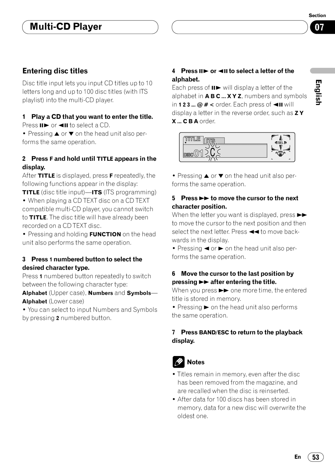 Pioneer DVH-P7000 owner manual Entering disc titles 