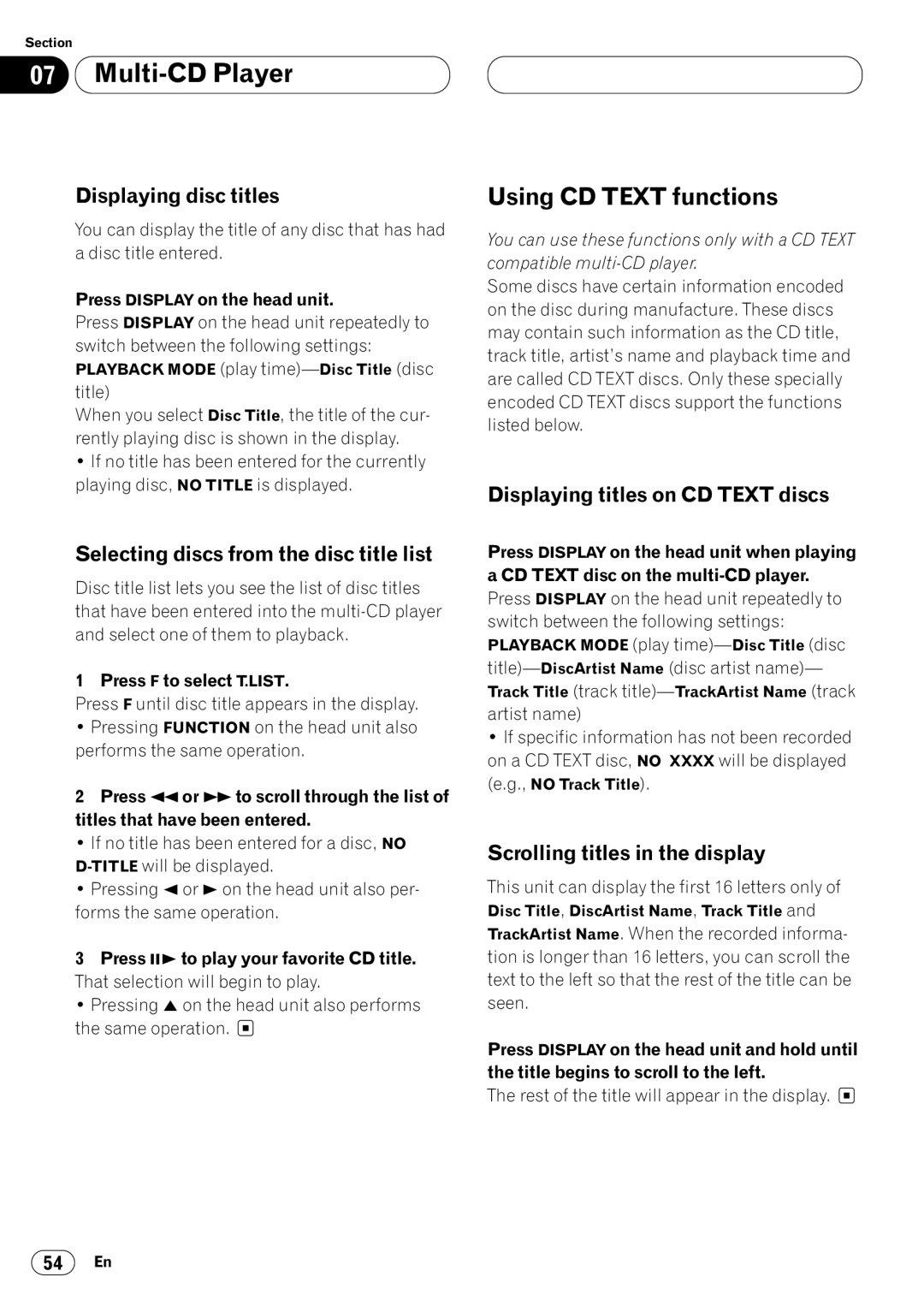 Pioneer DVH-P7000 owner manual Using CD Text functions, Displaying disc titles, Selecting discs from the disc title list 