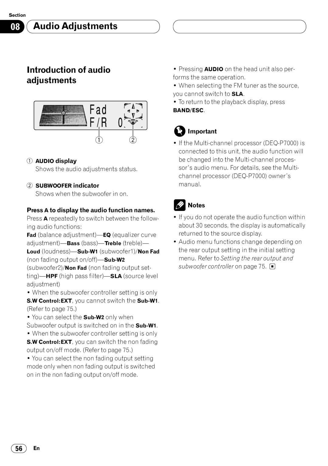 Pioneer DVH-P7000 owner manual Audio Adjustments, Introduction of audio adjustments, Audio display 