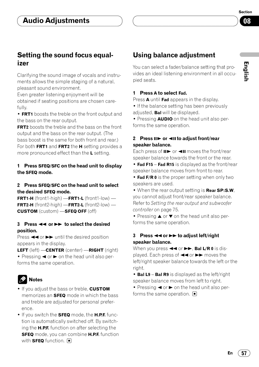 Pioneer DVH-P7000 owner manual Setting the sound focus equal- izer, Using balance adjustment 