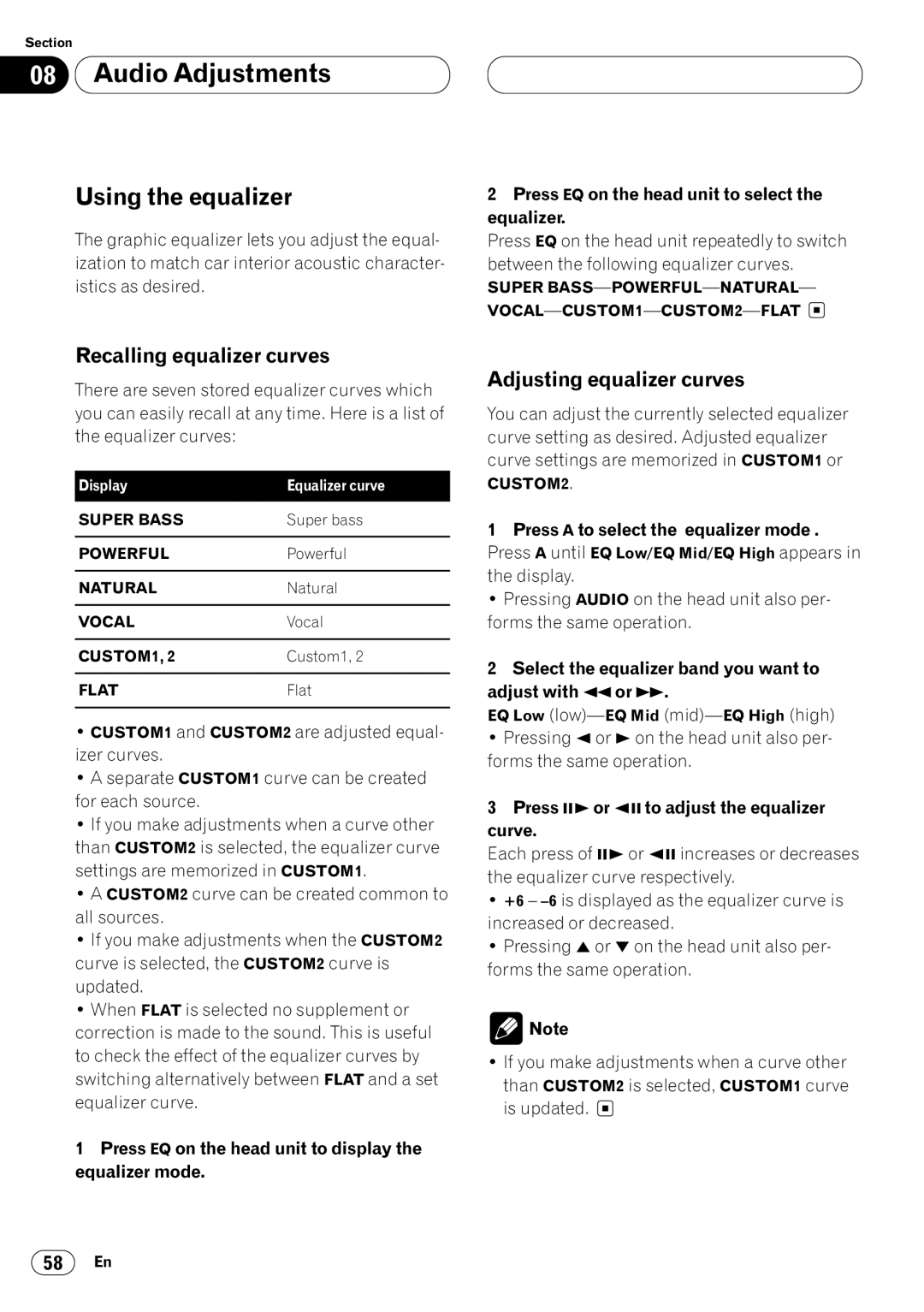 Pioneer DVH-P7000 owner manual Using the equalizer, Recalling equalizer curves, Adjusting equalizer curves 