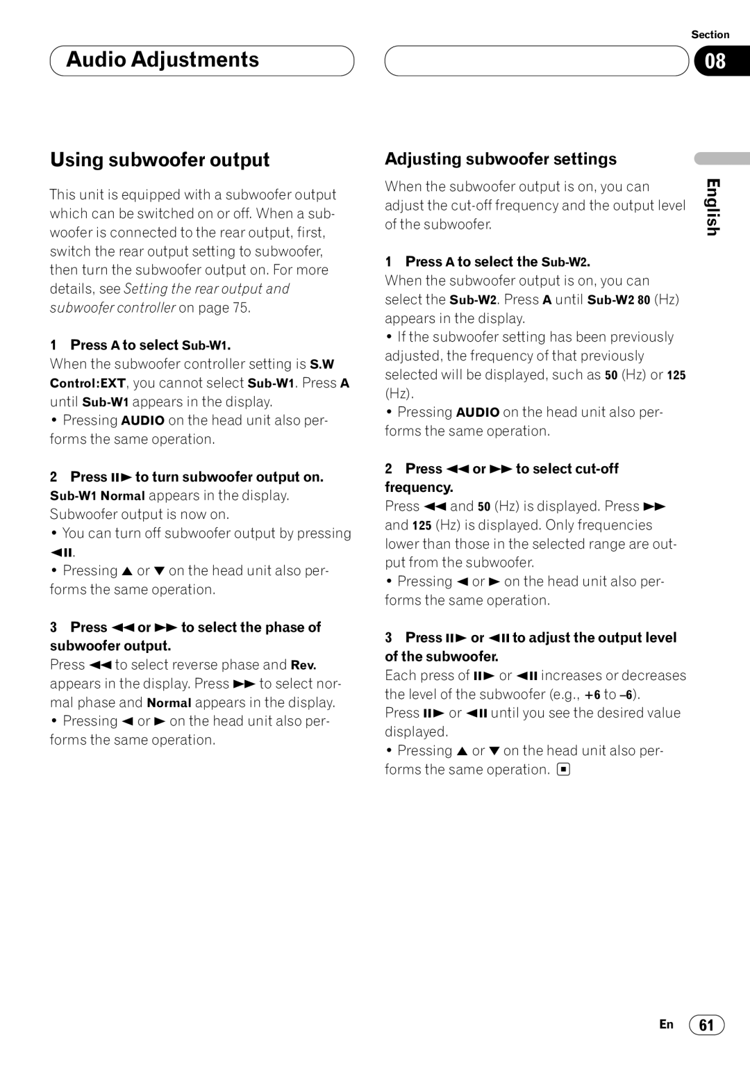 Pioneer DVH-P7000 owner manual Using subwoofer output, Adjusting subwoofer settings 