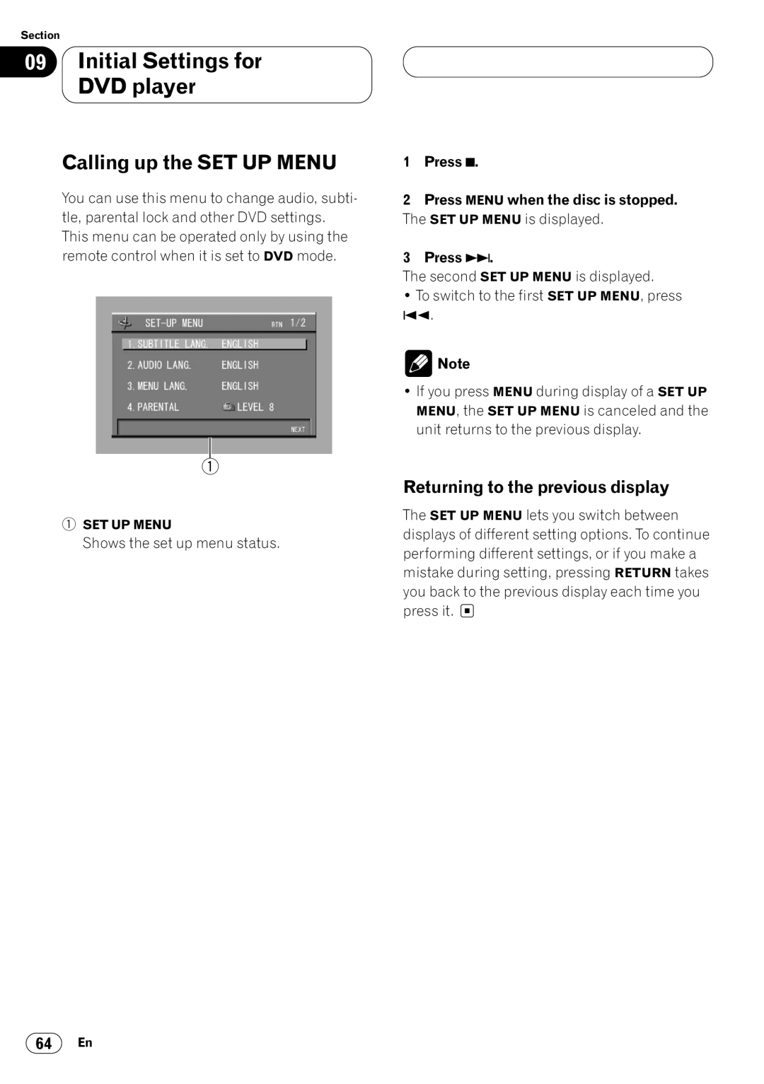 Pioneer DVH-P7000 Initial Settings for DVD player, Calling up the SET UP Menu, Returning to the previous display 