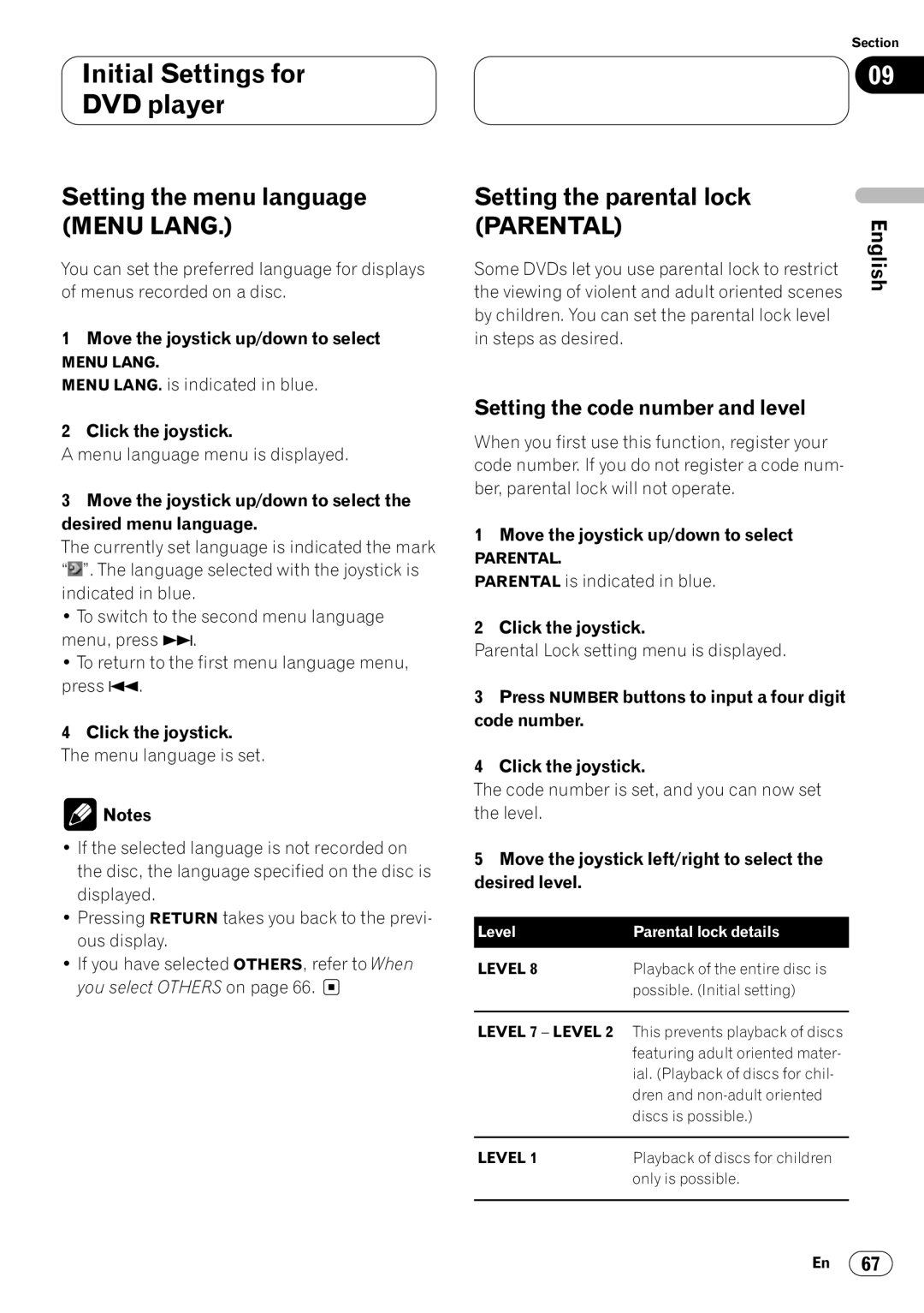 Pioneer DVH-P7000 Setting the menu language Menu Lang, Setting the parental lock, Setting the code number and level 