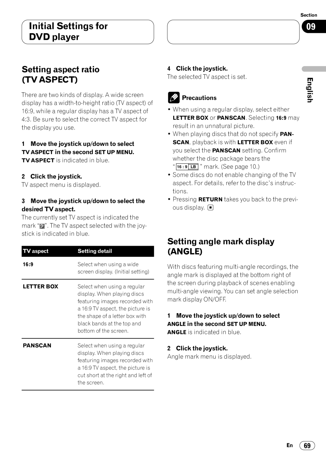 Pioneer DVH-P7000 Setting aspect ratio TV Aspect, Setting angle mark display Angle, Precautions, TV aspect Setting detail 