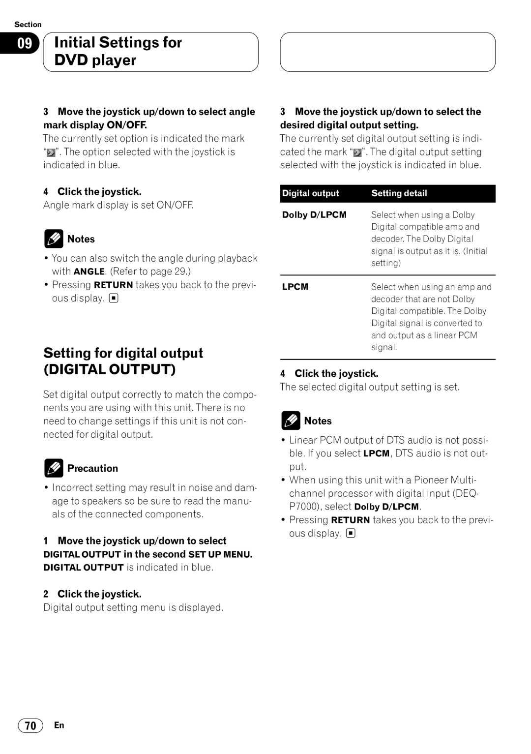 Pioneer DVH-P7000 owner manual Setting for digital output, Precaution, Digital output Setting detail 