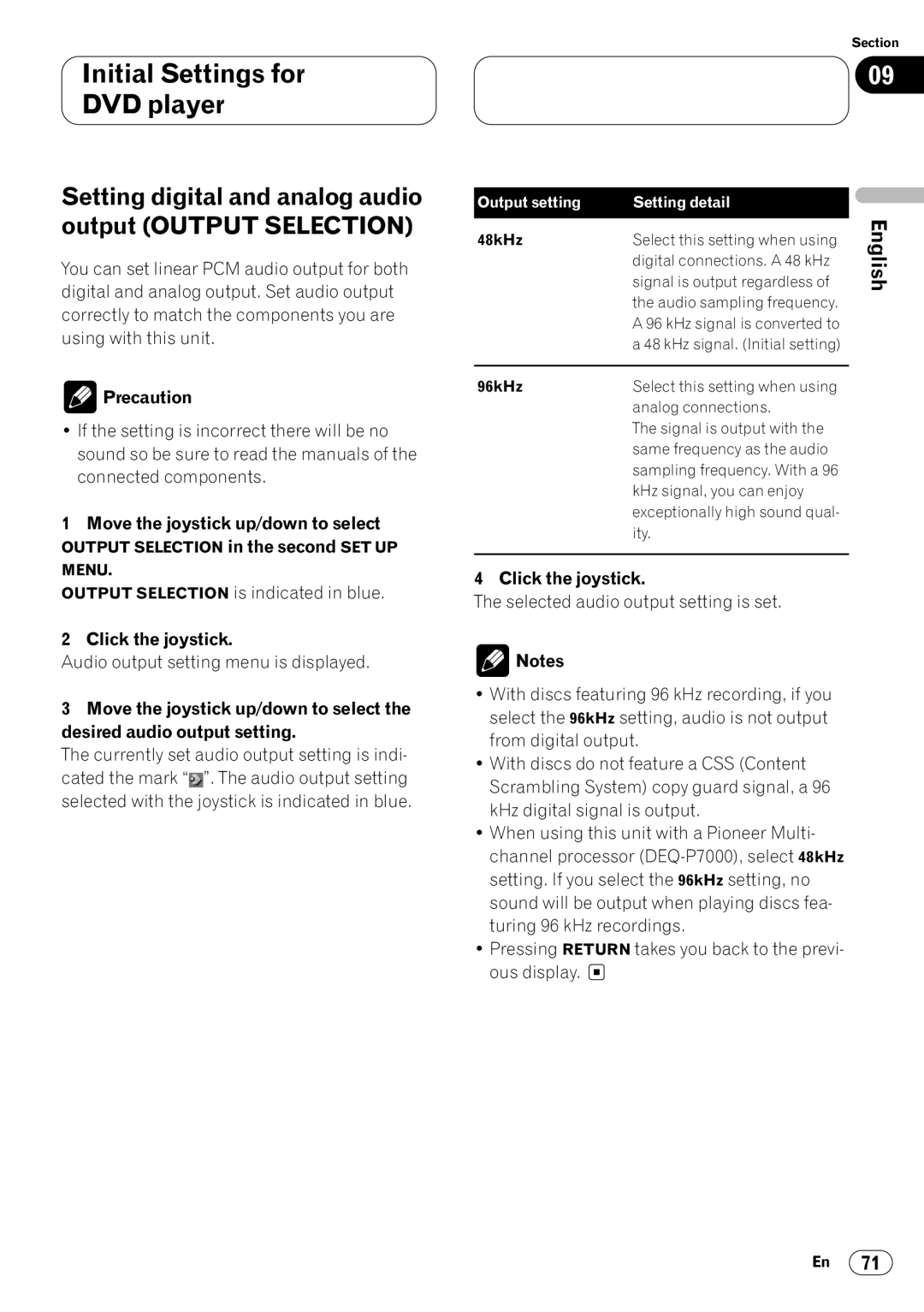 Pioneer DVH-P7000 owner manual Setting digital and analog audio output Output Selection, Output setting Setting detail 