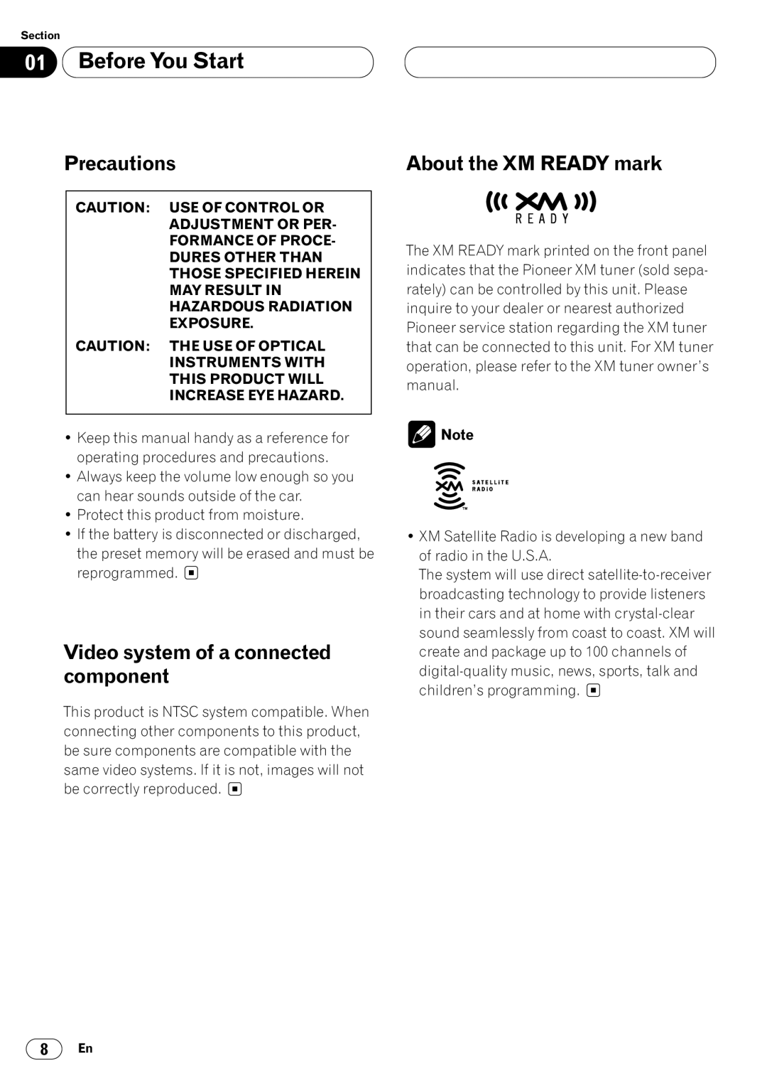 Pioneer DVH-P7000 owner manual Precautions, Video system of a connected component, About the XM Ready mark 