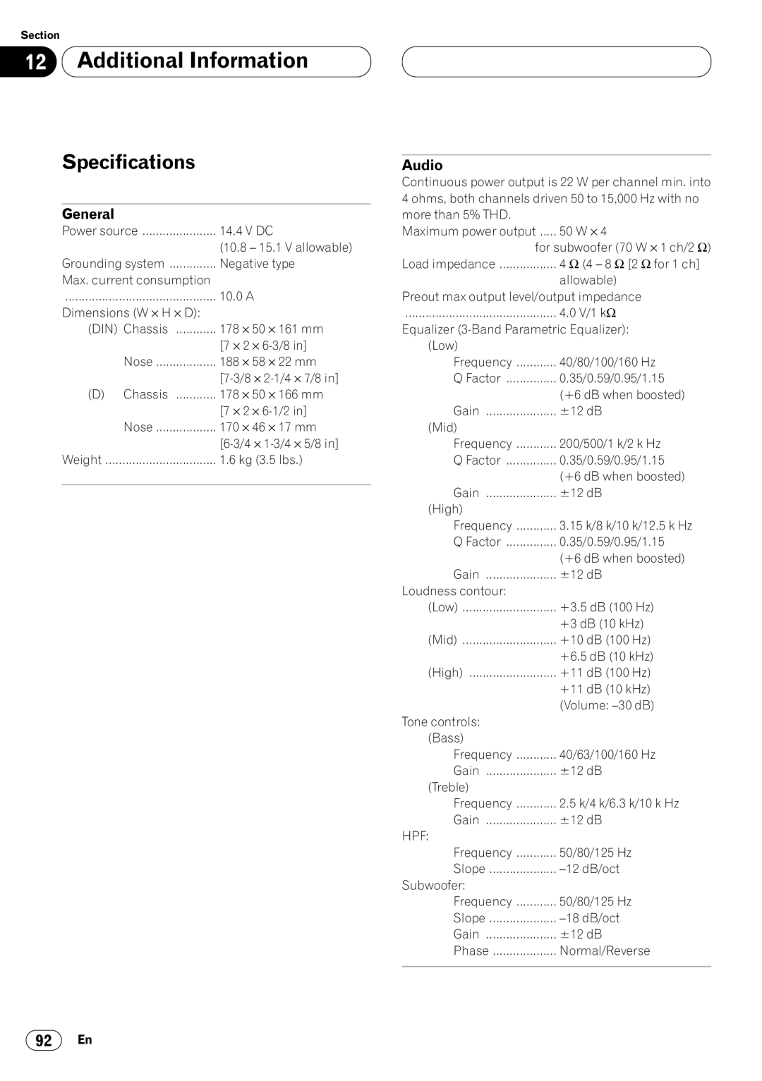 Pioneer DVH-P7000 owner manual Specifications, General, Audio 