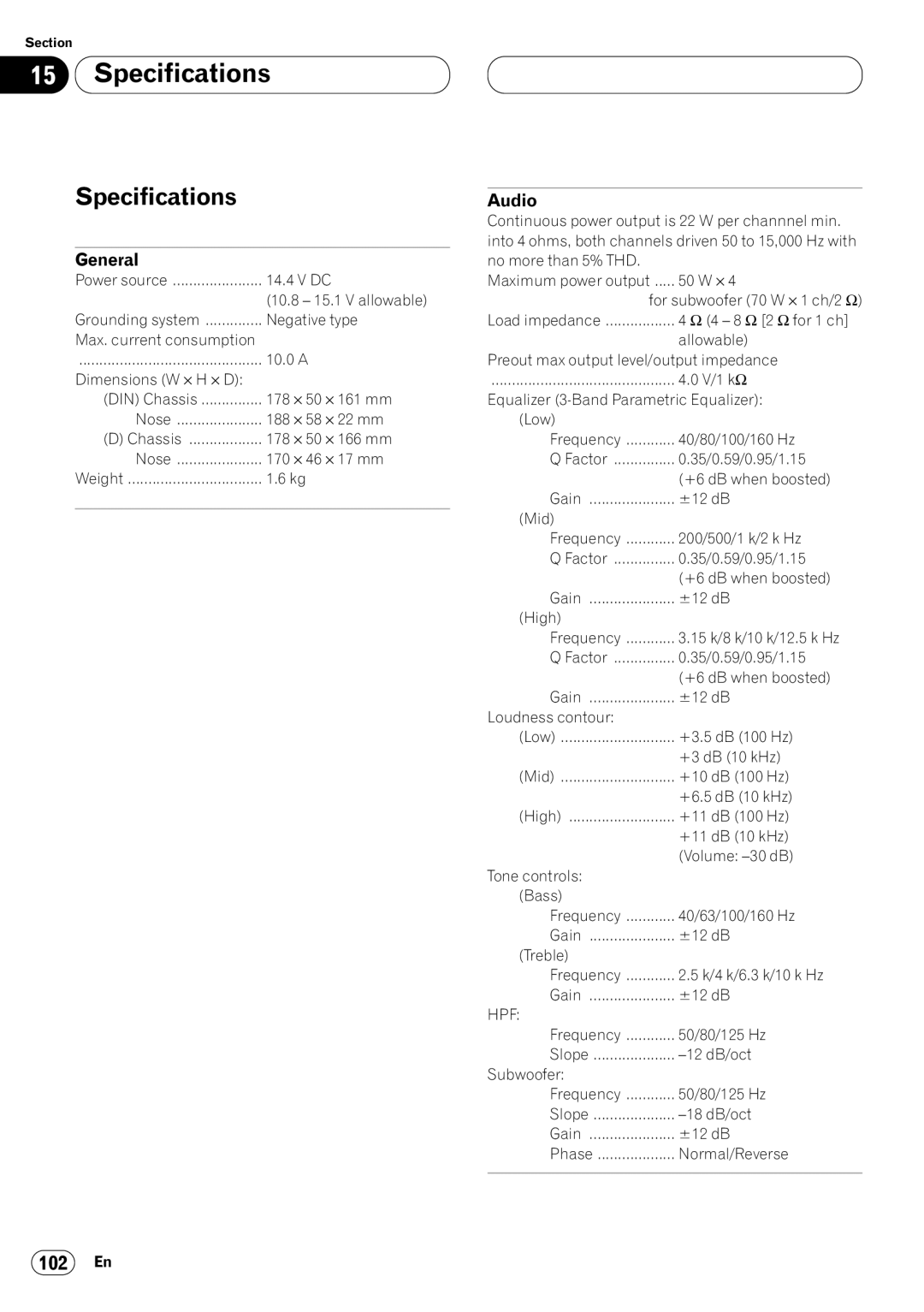 Pioneer DVH-P7050 owner manual Specifications, Audio, General 