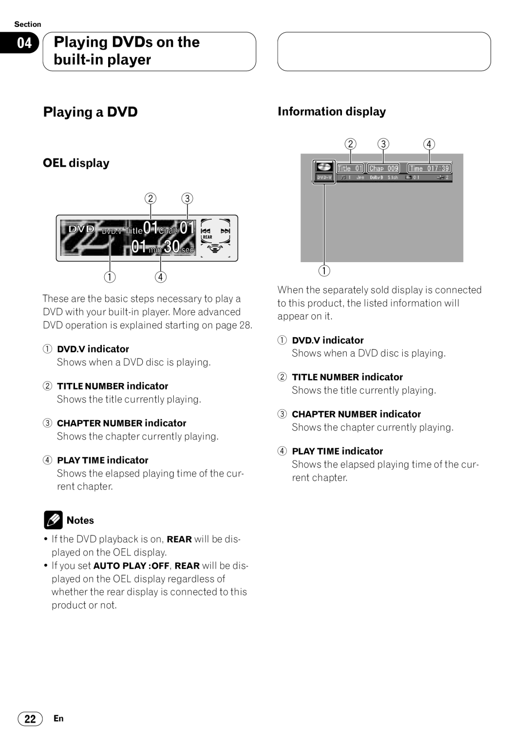 Pioneer DVH-P7050 Playing DVDs on the built-in player, Playing a DVD, OEL display, Information display, DVD.V indicator 