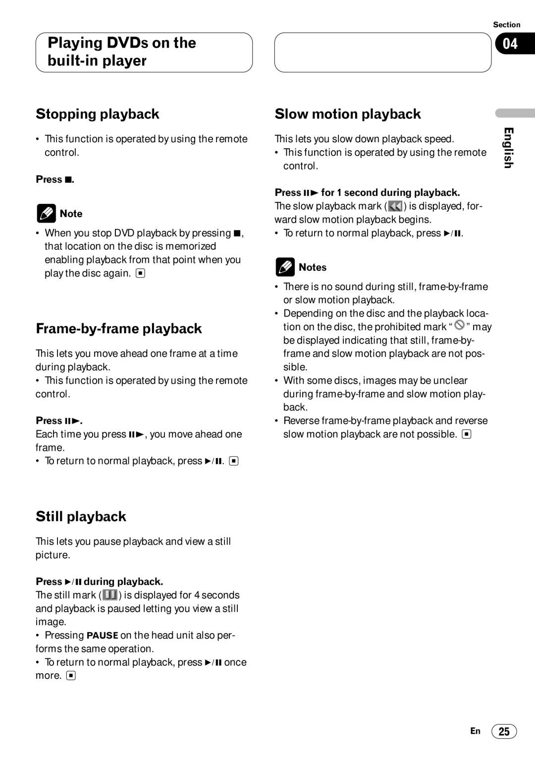 Pioneer DVH-P7050 owner manual Stopping playback, Frame-by-frame playback, Still playback, Slow motion playback 