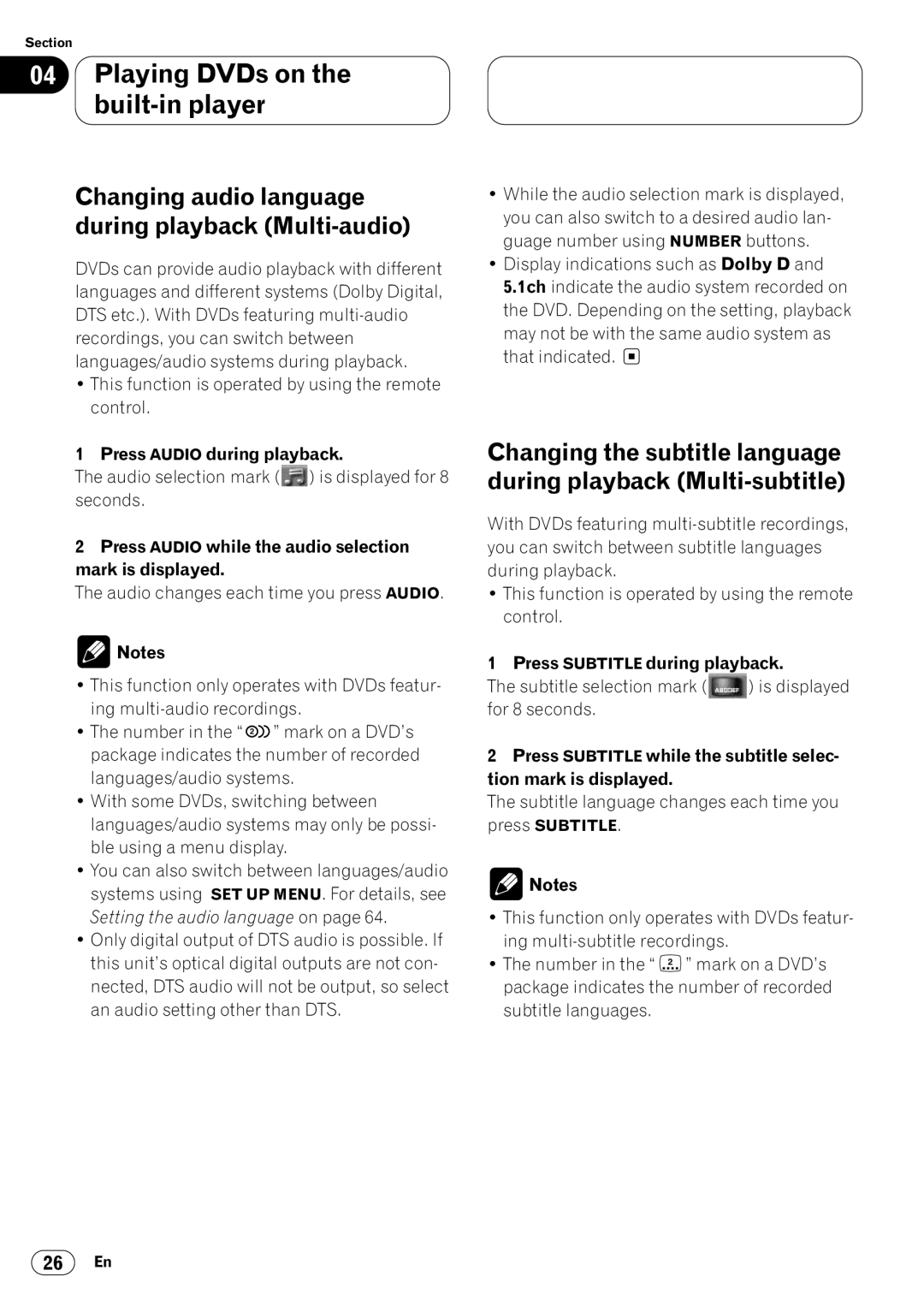 Pioneer DVH-P7050 owner manual Changing audio language during playback Multi-audio, Press Audio during playback 