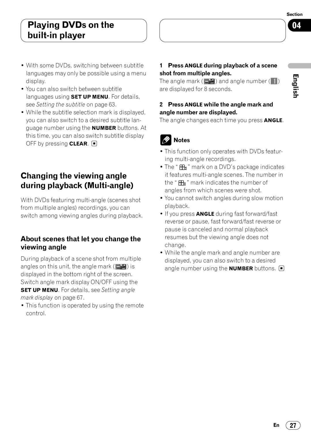 Pioneer DVH-P7050 owner manual Changing the viewing angle during playback Multi-angle, Angle mark Angle number 